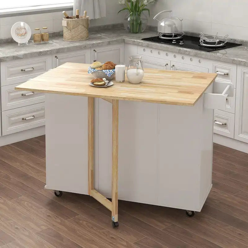 Solid Wood Folding Kitchen Island Cart with Drawers and Side Racks, Black/White