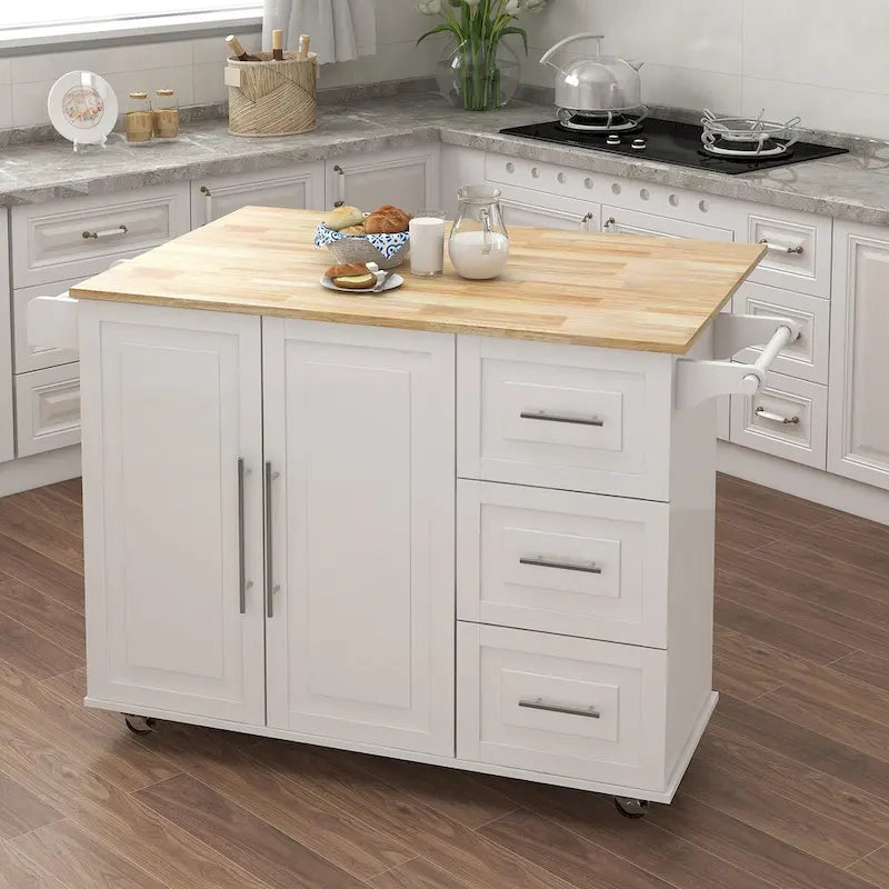 Solid Wood Folding Kitchen Island Cart with Drawers and Side Racks, Black/White