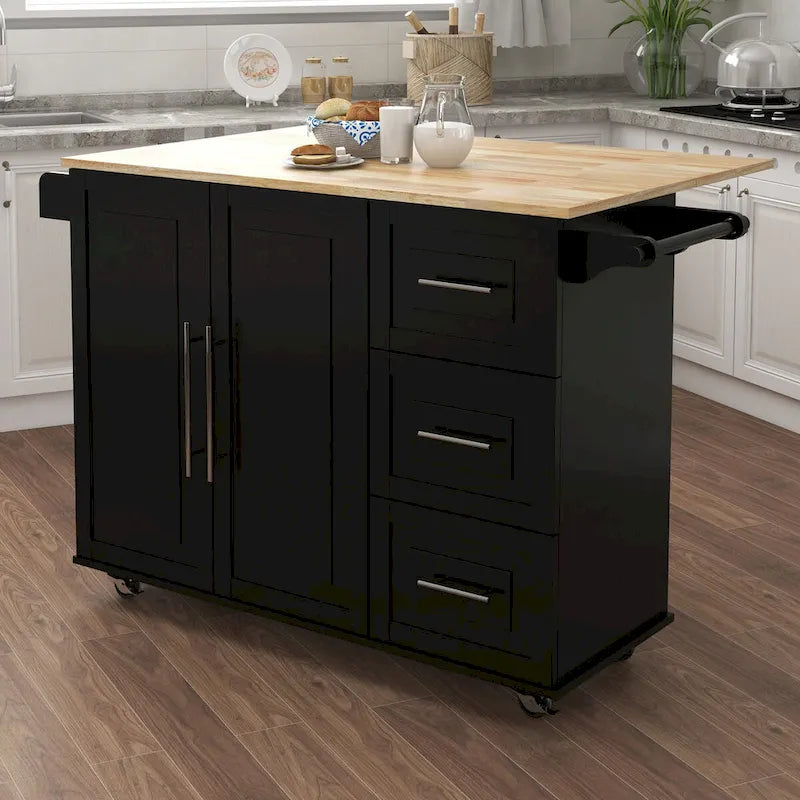 Solid Wood Folding Kitchen Island Cart with Drawers and Side Racks, Black/White