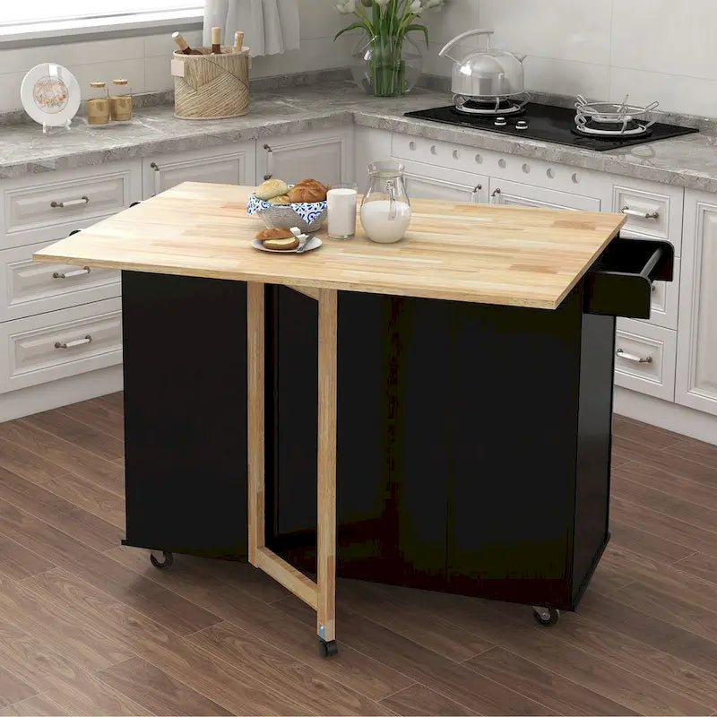 Solid Wood Folding Kitchen Island Cart with Drawers and Side Racks, Black/White