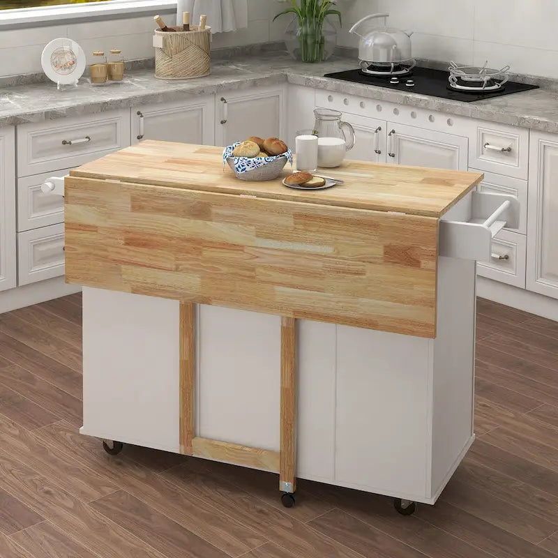 Solid Wood Folding Kitchen Island Cart with Drawers and Side Racks, Black/White
