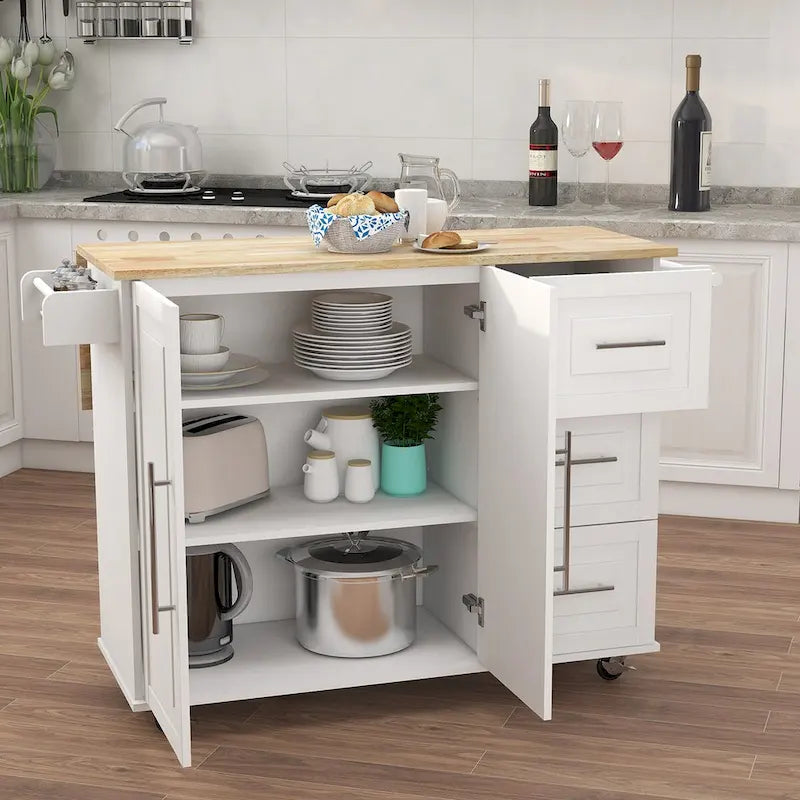 Solid Wood Folding Kitchen Island Cart with Drawers and Side Racks, Black/White