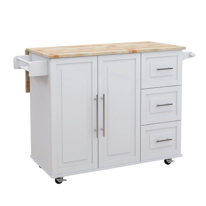 Solid Wood Folding Kitchen Island Cart with Drawers and Side Racks, Black/White