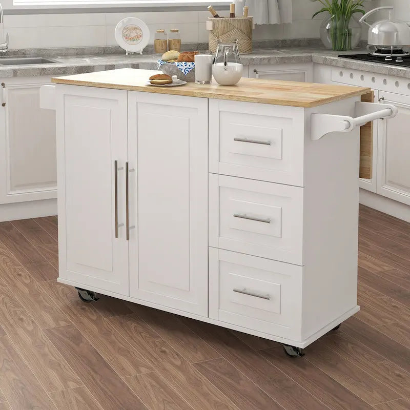 Solid Wood Folding Kitchen Island Cart with Drawers and Side Racks, Black/White