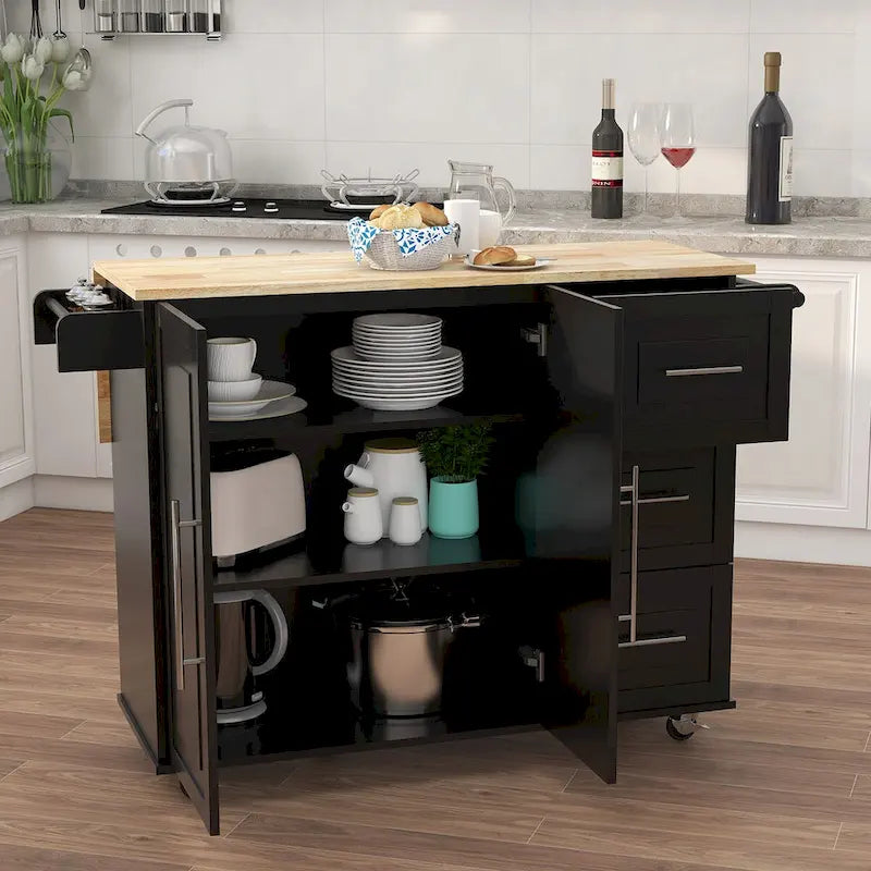 Solid Wood Folding Kitchen Island Cart with Drawers and Side Racks, Black/White