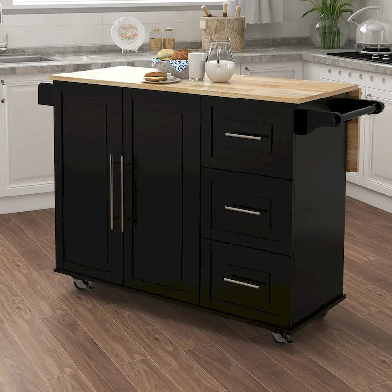 Solid Wood Folding Kitchen Island Cart with Drawers and Side Racks, Black/White
