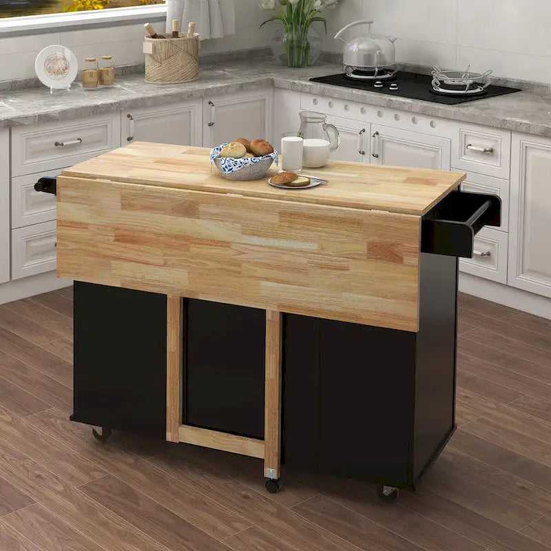 Solid Wood Folding Kitchen Island Cart with Drawers and Side Racks, Black/White
