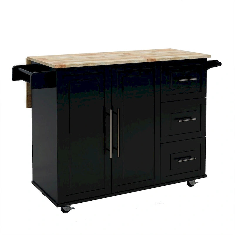 Solid Wood Folding Kitchen Island Cart with Drawers and Side Racks, Black/White