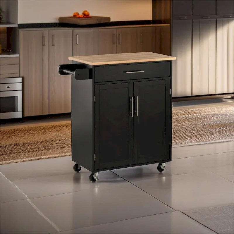 Rolling Kitchen Island Cart with Drawer Cabinet Black Wood Top