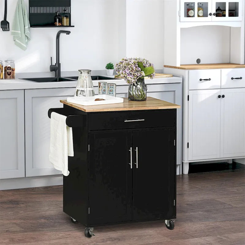 Rolling Kitchen Island Cart with Drawer Cabinet Black Wood Top