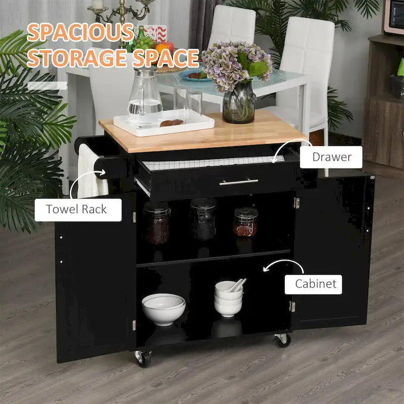 Rolling Kitchen Island Cart with Drawer Cabinet Black Wood Top