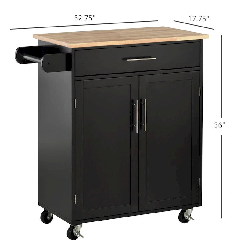 Rolling Kitchen Island Cart with Drawer Cabinet Black Wood Top