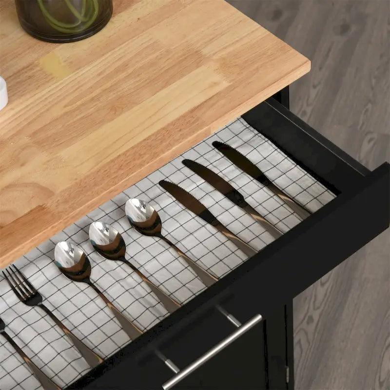 Rolling Kitchen Island Cart with Drawer Cabinet Black Wood Top