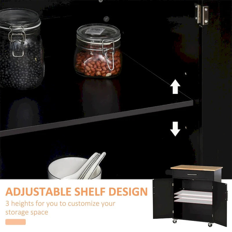 Rolling Kitchen Island Cart with Drawer Cabinet Black Wood Top