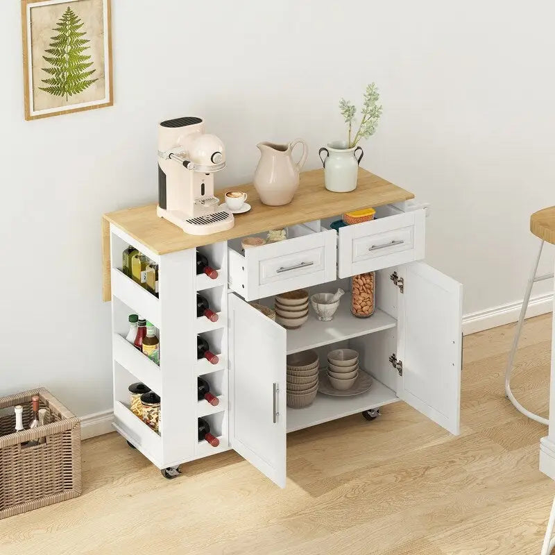 Rolling Kitchen Island Cart with Drop Leaf Wine Rack Spice Rack Drawers White Black