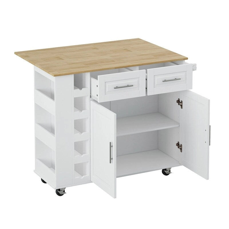 Rolling Kitchen Island Cart with Drop Leaf Wine Rack Spice Rack Drawers White Black