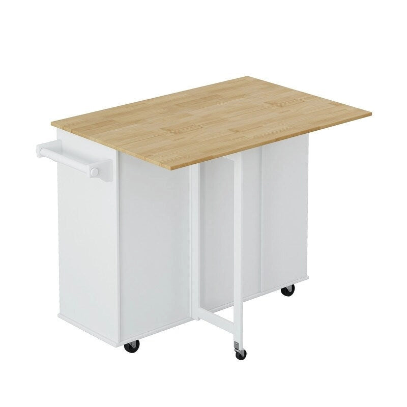 Rolling Kitchen Island Cart with Drop Leaf Wine Rack Spice Rack Drawers White Black