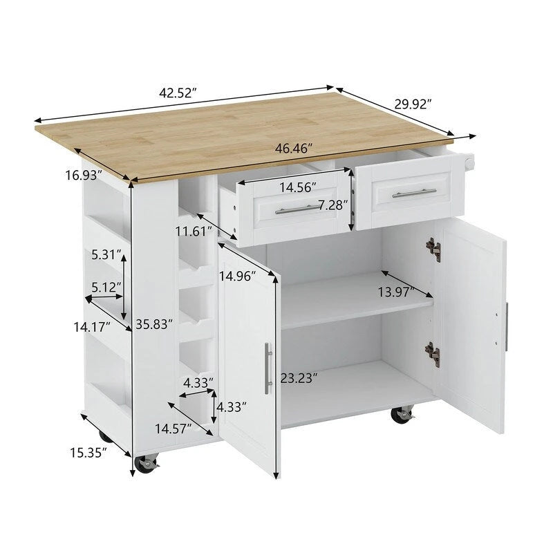 Rolling Kitchen Island Cart with Drop Leaf Wine Rack Spice Rack Drawers White Black