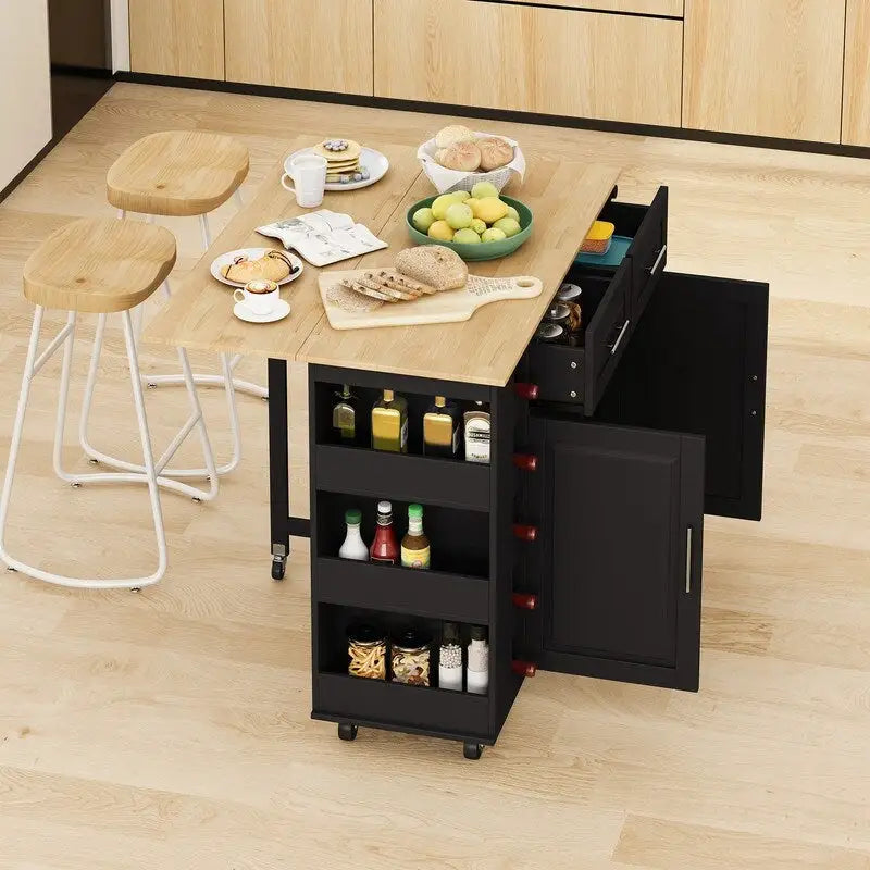 Rolling Kitchen Island Cart with Drop Leaf Wine Rack Spice Rack Drawers White Black