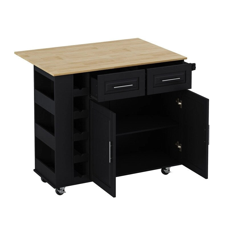 Rolling Kitchen Island Cart with Drop Leaf Wine Rack Spice Rack Drawers White Black