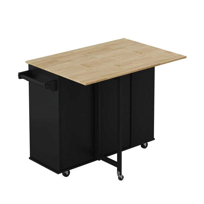 Rolling Kitchen Island Cart with Drop Leaf Wine Rack Spice Rack Drawers White Black