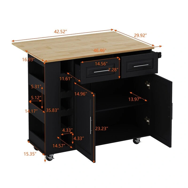 Rolling Kitchen Island Cart with Drop Leaf Wine Rack Spice Rack Drawers White Black