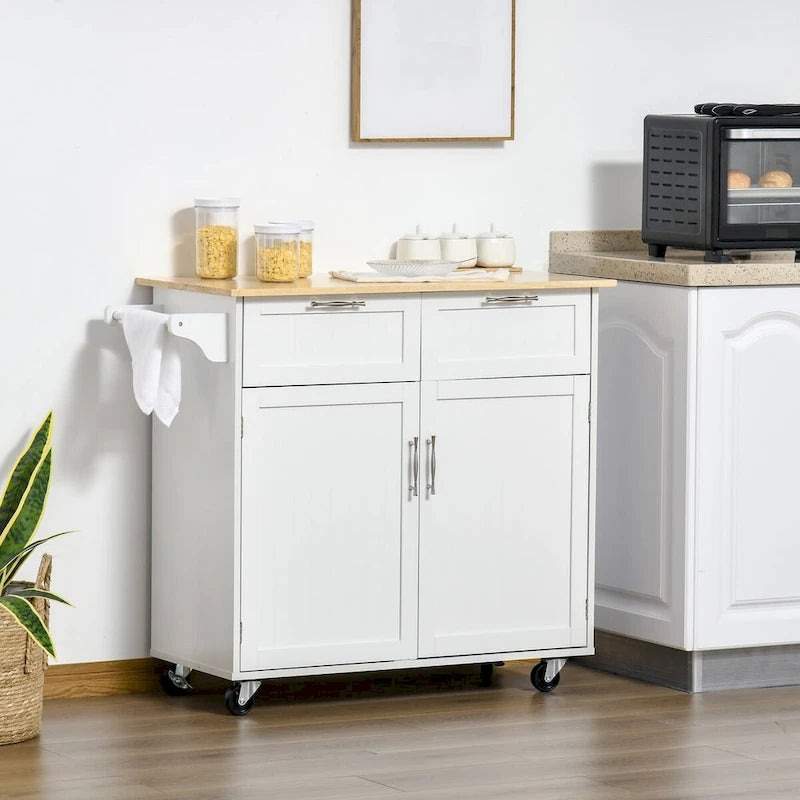 Rolling Kitchen Island Cart with Rubberwood Top Grey Storage Drawers