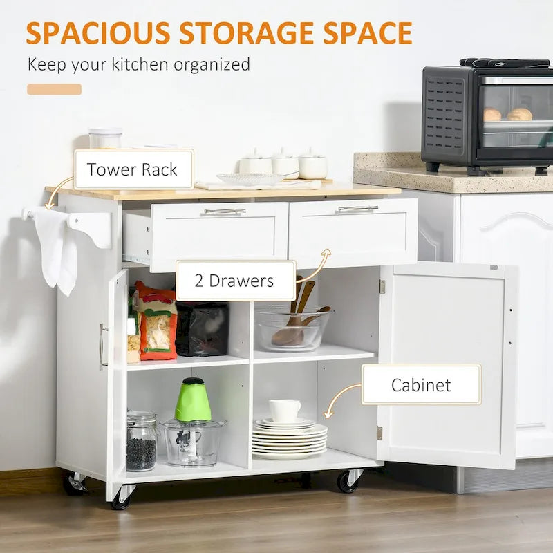 Rolling Kitchen Island Cart with Rubberwood Top Grey Storage Drawers