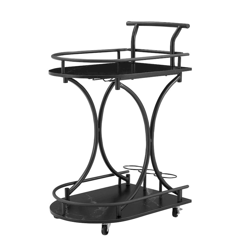 Black 2-Tier Rolling Bar Serving Cart with Wine Rack and Glass Holder
