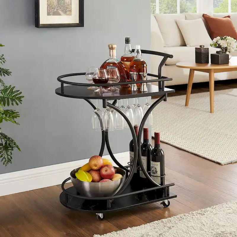 Black 2-Tier Rolling Bar Serving Cart with Wine Rack and Glass Holder