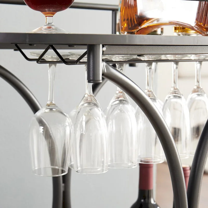 Black 2-Tier Rolling Bar Serving Cart with Wine Rack and Glass Holder