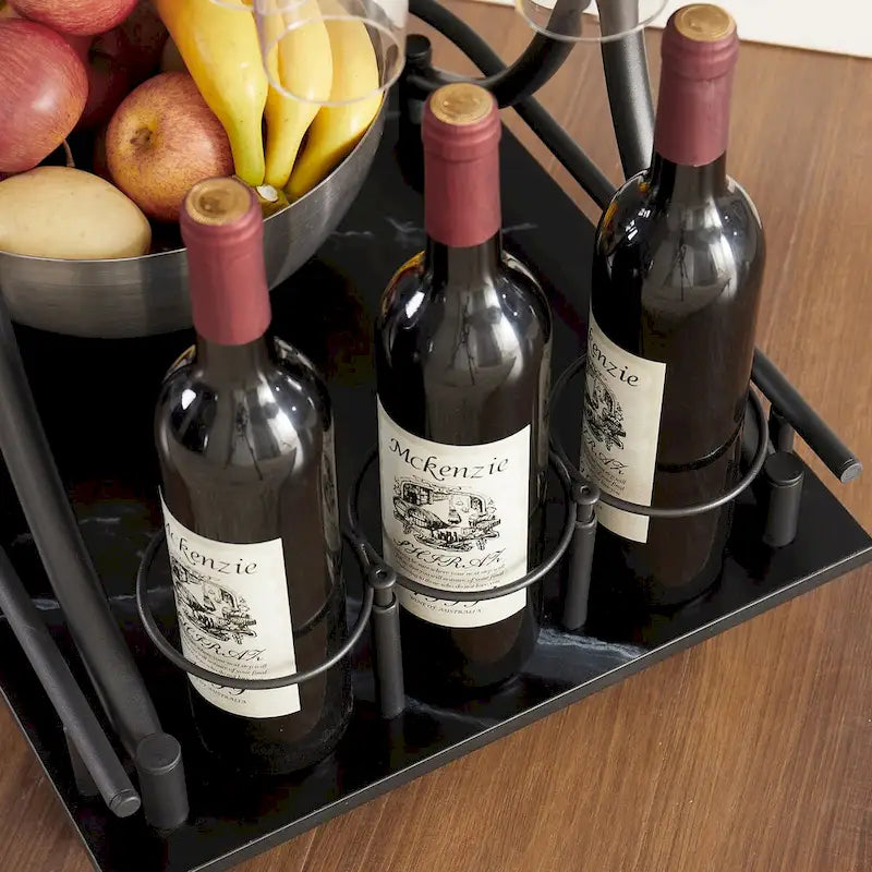 Black 2-Tier Rolling Bar Serving Cart with Wine Rack and Glass Holder
