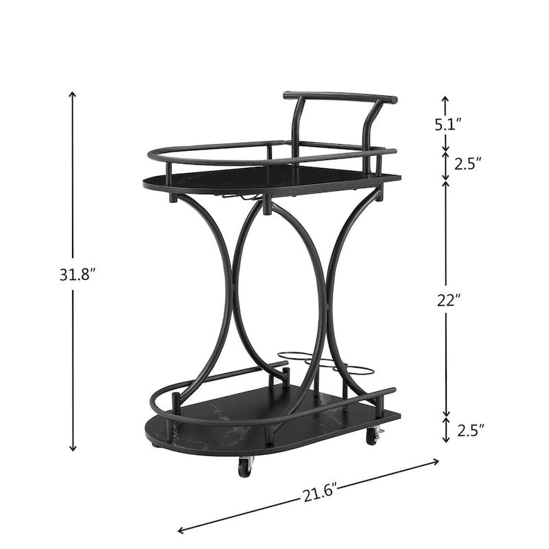 Black 2-Tier Rolling Bar Serving Cart with Wine Rack and Glass Holder