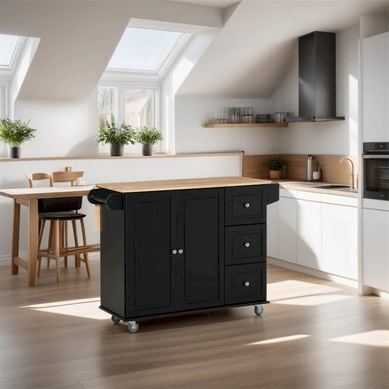 Rolling Black Kitchen Island with Drop-Leaf Top, Drawers, Cabinet and Towel Rack