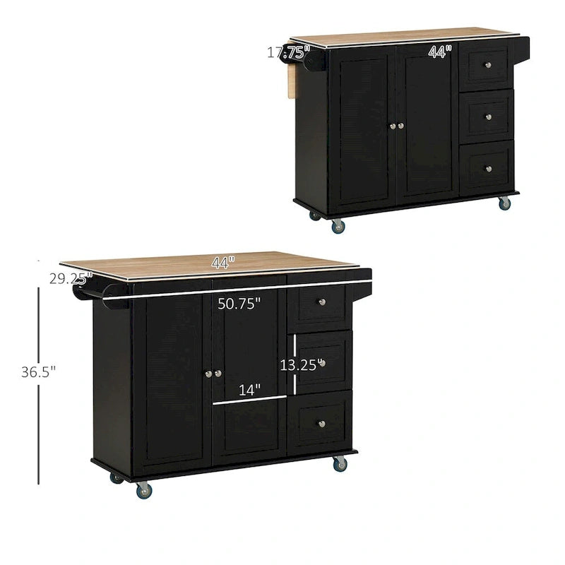 Rolling Black Kitchen Island with Drop-Leaf Top, Drawers, Cabinet and Towel Rack