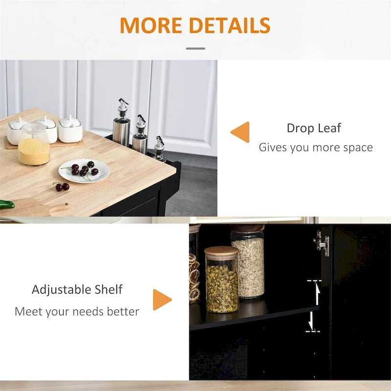 Rolling Black Kitchen Island with Drop-Leaf Top, Drawers, Cabinet and Towel Rack
