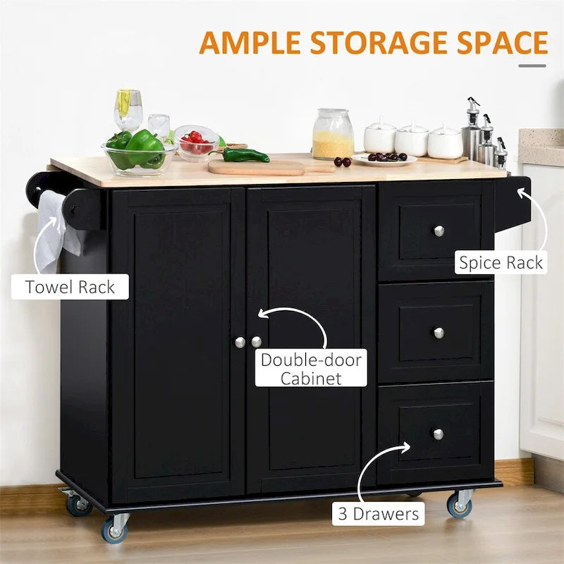 Rolling Black Kitchen Island with Drop-Leaf Top, Drawers, Cabinet and Towel Rack