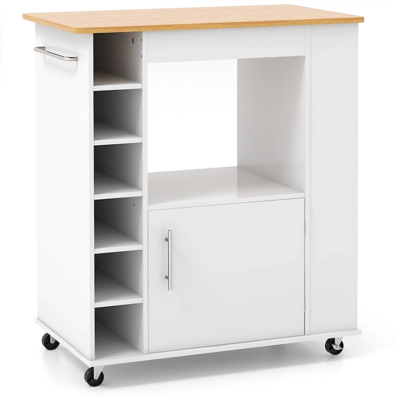 White Bamboo Kitchen Rolling Cart with Wine Rack and Towel Bar