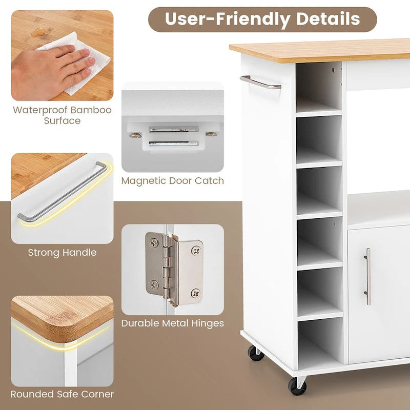 White Bamboo Kitchen Rolling Cart with Wine Rack and Towel Bar