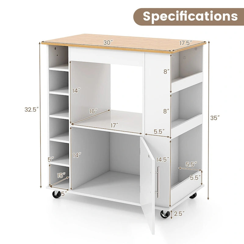 White Bamboo Kitchen Rolling Cart with Wine Rack and Towel Bar