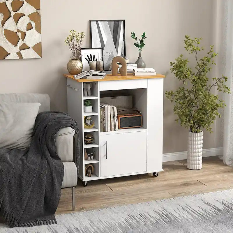 White Bamboo Kitchen Rolling Cart with Wine Rack and Towel Bar