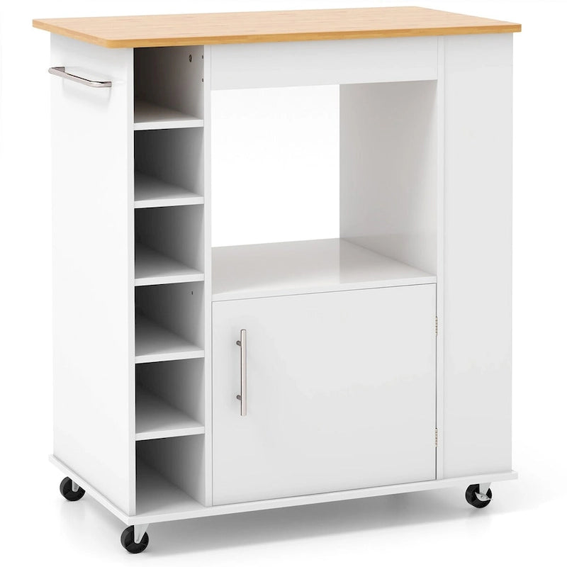 White Bamboo Kitchen Rolling Cart with Wine Rack and Towel Bar