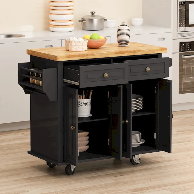 Rolling Kitchen Island Cart with 4 Doors 2 Drawers Spice Rack Towel Rack White
