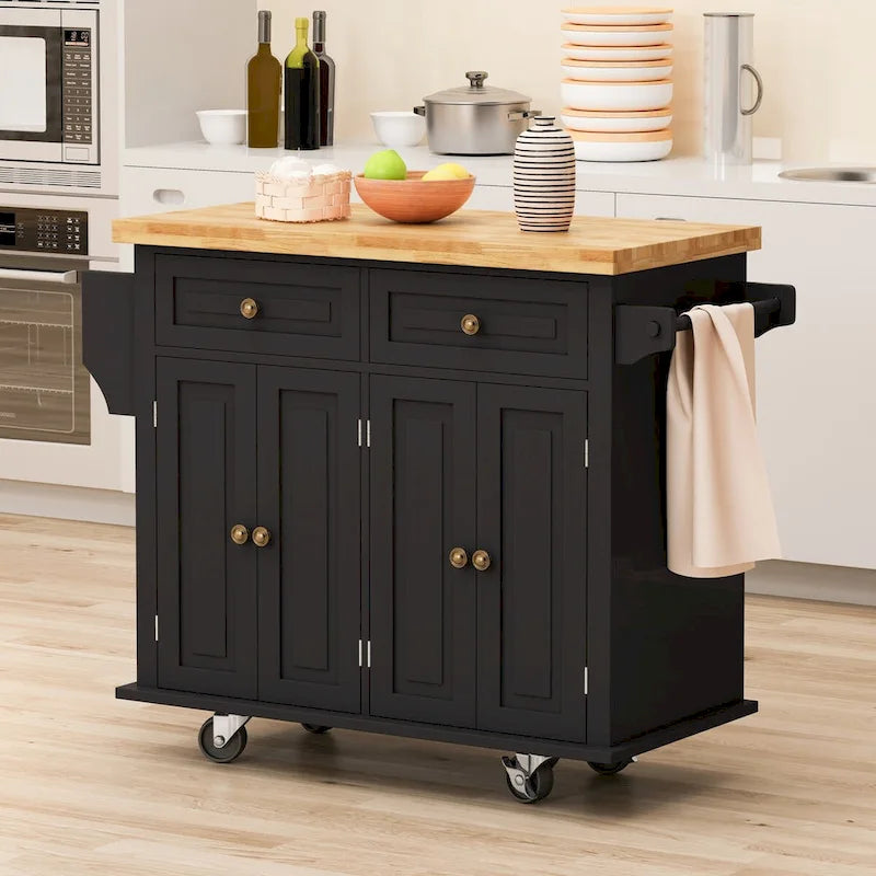 Rolling Kitchen Island Cart with 4 Doors 2 Drawers Spice Rack Towel Rack White