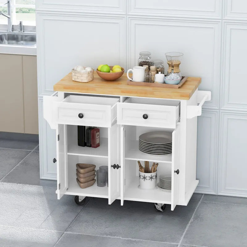 Rolling Kitchen Island Cart with 4 Doors 2 Drawers Spice Rack Towel Rack White
