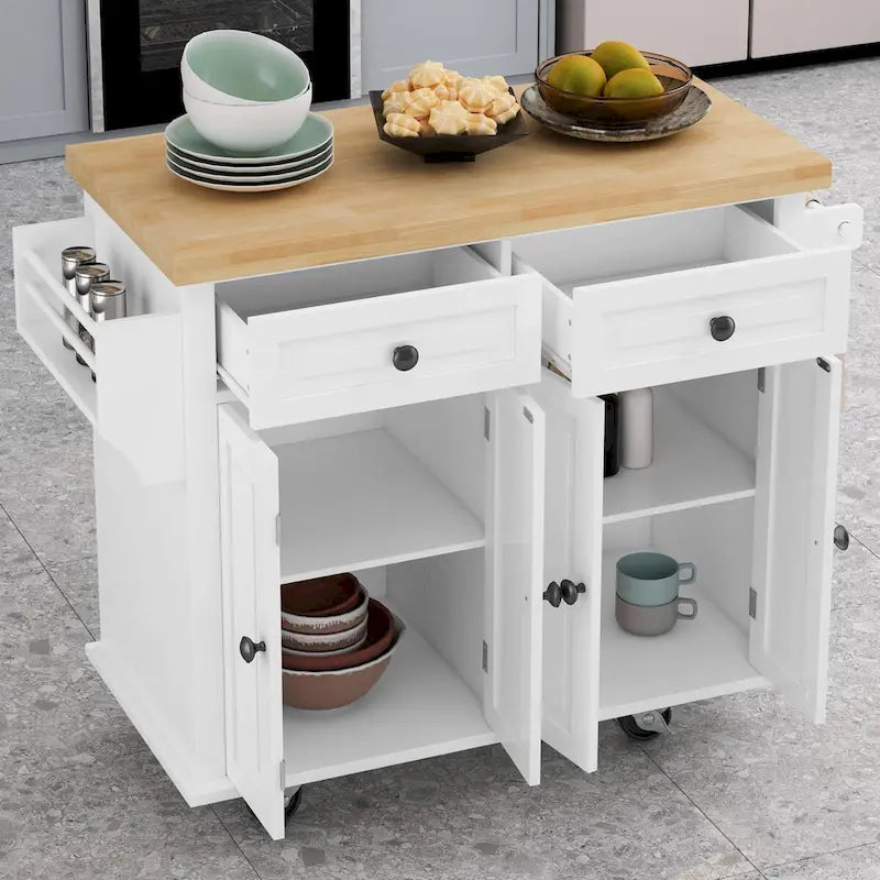 Rolling Kitchen Island Cart with 4 Doors 2 Drawers Spice Rack Towel Rack White