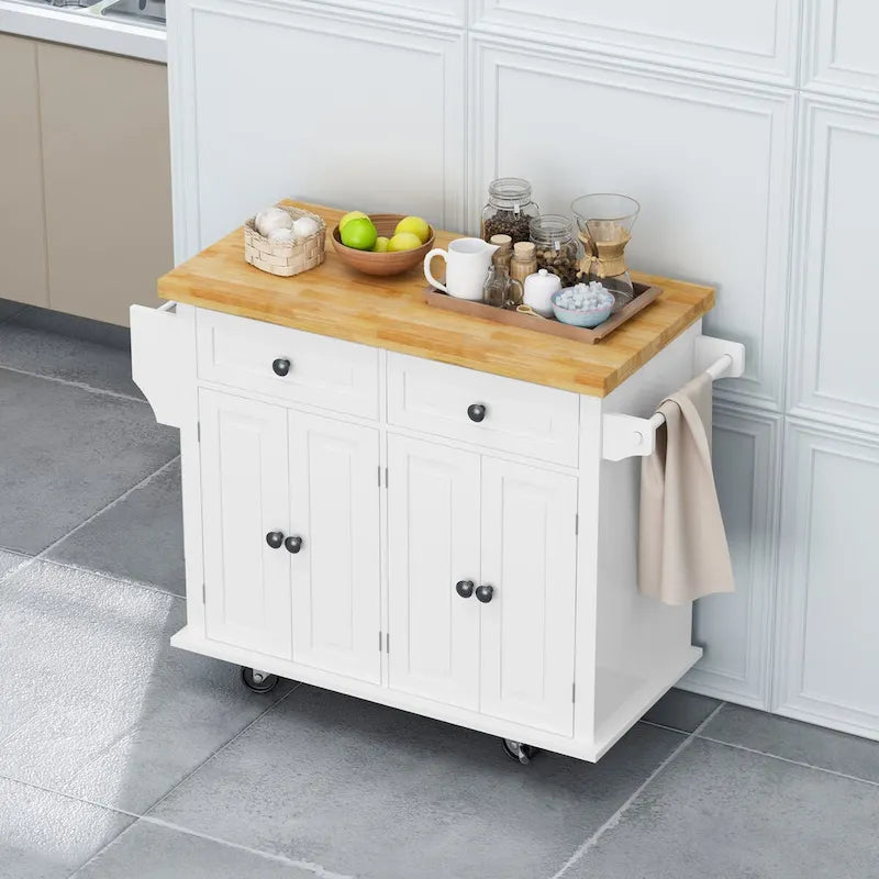 Rolling Kitchen Island Cart with 4 Doors 2 Drawers Spice Rack Towel Rack White
