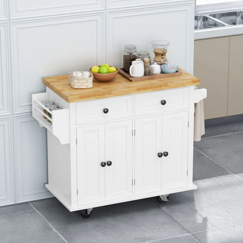 Rolling Kitchen Island Cart with 4 Doors 2 Drawers Spice Rack Towel Rack White