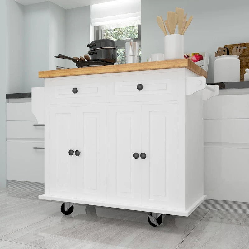 Rolling Kitchen Island Cart with 4 Doors 2 Drawers Spice Rack Towel Rack White
