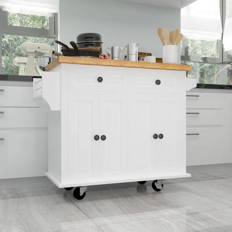 Rolling Kitchen Island Cart with 4 Doors 2 Drawers Spice Rack Towel Rack White